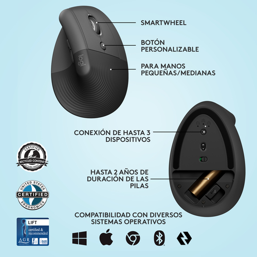Raton Vertical Logitech Lift Bluetooth e Inalambrico USB 4000dpi - 4 Botones - Uso Diestro - Color Negro/Gris