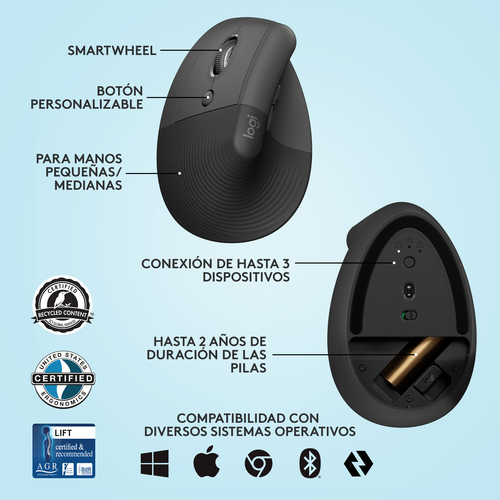 Logitech Lift Raton Vertical Bluetooth e Inalambrico USB 4000dpi - 5 Botones - Para Zurdos - Color Negro/Gris
