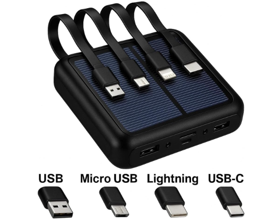 Powerbank Solar 4 en 1 5000mAh - Salidas USB-C, Lighting, USB-A, Micro USB - Con Linterna - Color Negro