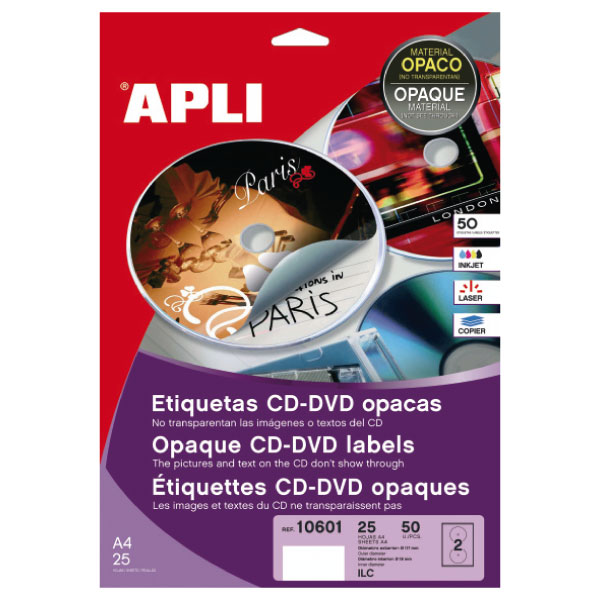CAJA DE 25 HOJAS ETIQUETAS CD 117mm APLI Ref. 10601