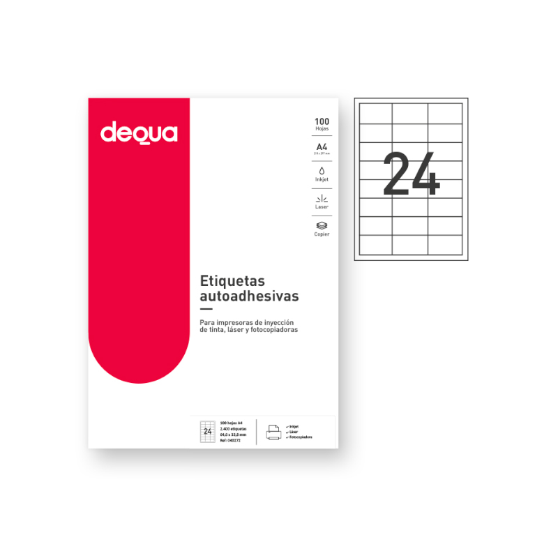CAJA DE 100 HOJAS DE ETIQUETAS ADHESIVAS BLANCAS TAMAÑO:64.6x33.8mm. DEQUA