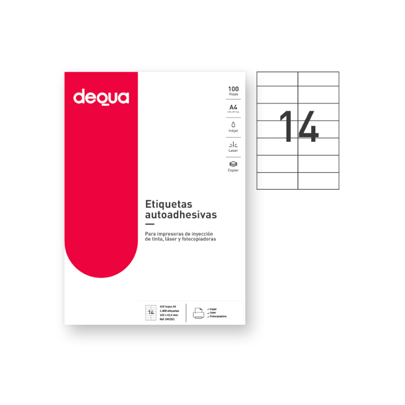 CAJA DE 100 HOJAS DE ETIQUETAS ADHESIVAS BLANCAS TAMAÑO:105x42.4mm. DEQUA