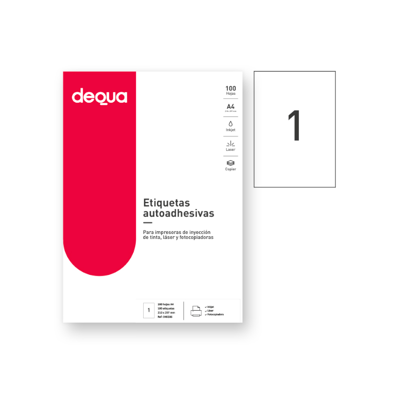 CAJA DE 100 HOJAS DE ETIQUETAS ADHESIVAS BLANCAS TAMAÑO:210x297 DEQUA