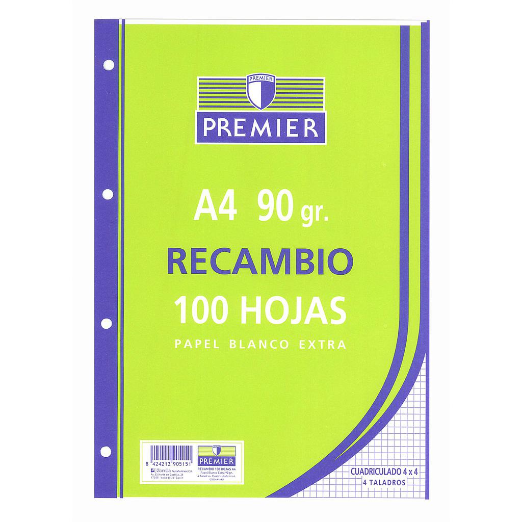 RECAMBIO 100 HOJAS A4 4 TALADROS CUADRICULA 4x4 CON MARGEN 90gr PREMIER Ref. C515-A4-90