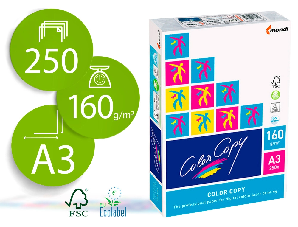 PAQUETE 250 HOJAS PAPEL LASER COLOR A3 160gr COLOR COPY Ref.CC-160-A3