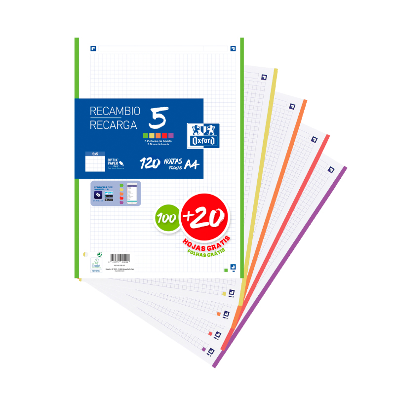 RECAMBIO 100+20 HOJAS PAQUETE A4 5X5 5 COLORES DE BANDA VIVOS R.400148310