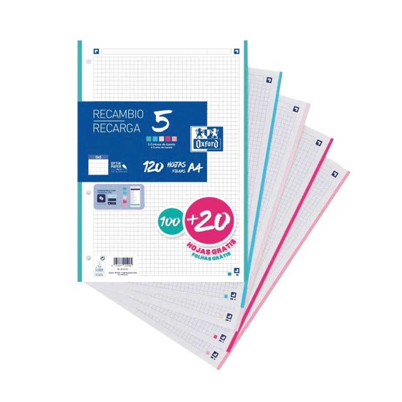 RECAMBIO 100+20 HOJAS PAQUETE A4 5X5 5 COLORES DE BANDA PASTEL  Ref. 400146851